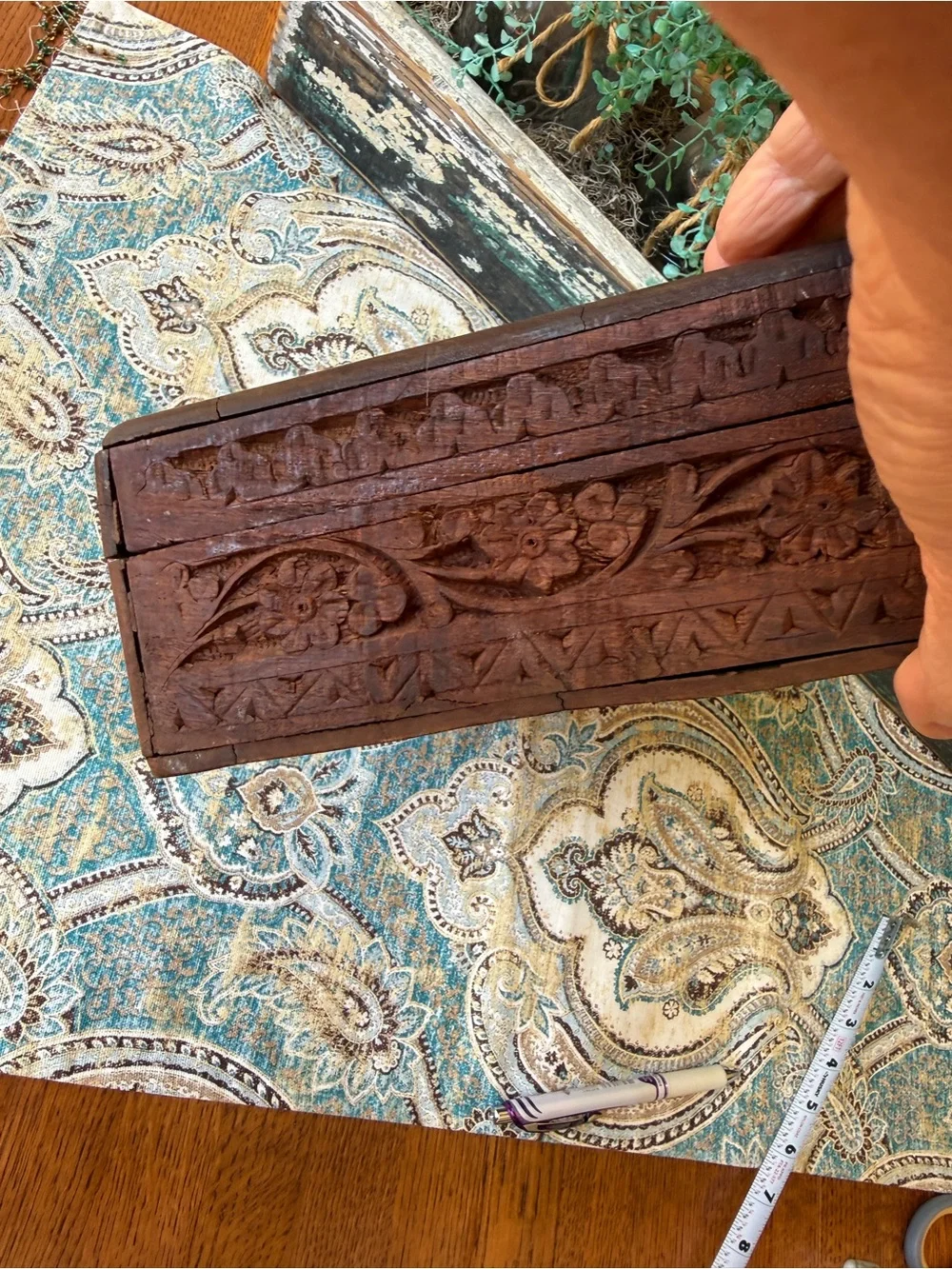 Carved Wood Jewelry Box Floral Inlay Large Keepsake Chest Vintage